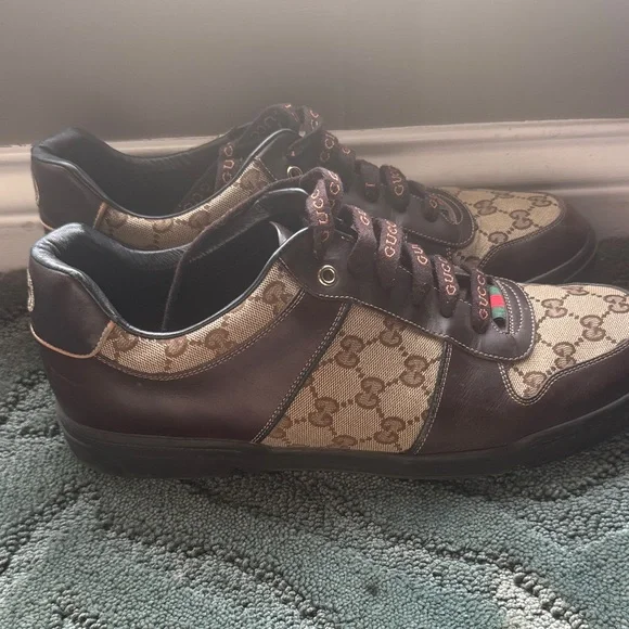 Gucci Brown/Beige GG Canvas and Leather Low Top Sneakers - Picture 3 of 4